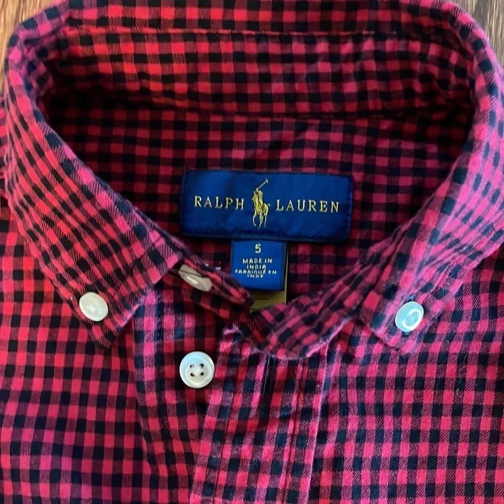 Ralph Lauren boys kids button down collared long sleeve shirt red plaid size 5